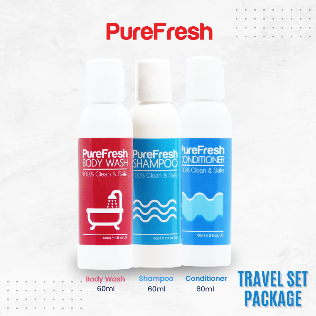 PureFresh Travel Set Package - Shampoo 60 ml, Conditioner 60 ml, Body Wash 60 ml - shop at BioZkin.com
