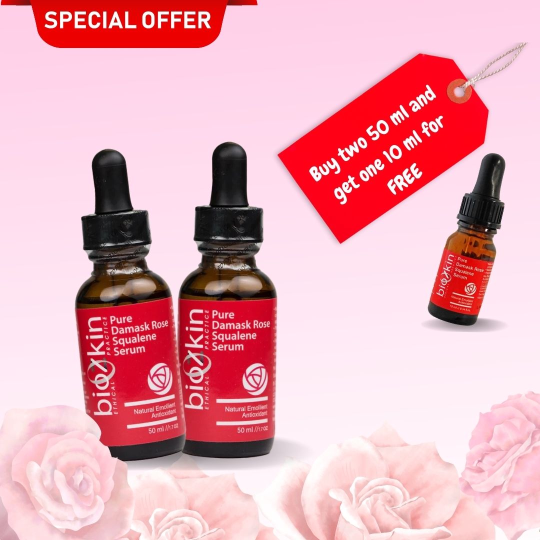 Pure Damask Rose Squalene Serum - Squalene Promotion - Shop at BioZkin.com buy 2 50ml and get 1 10ml free